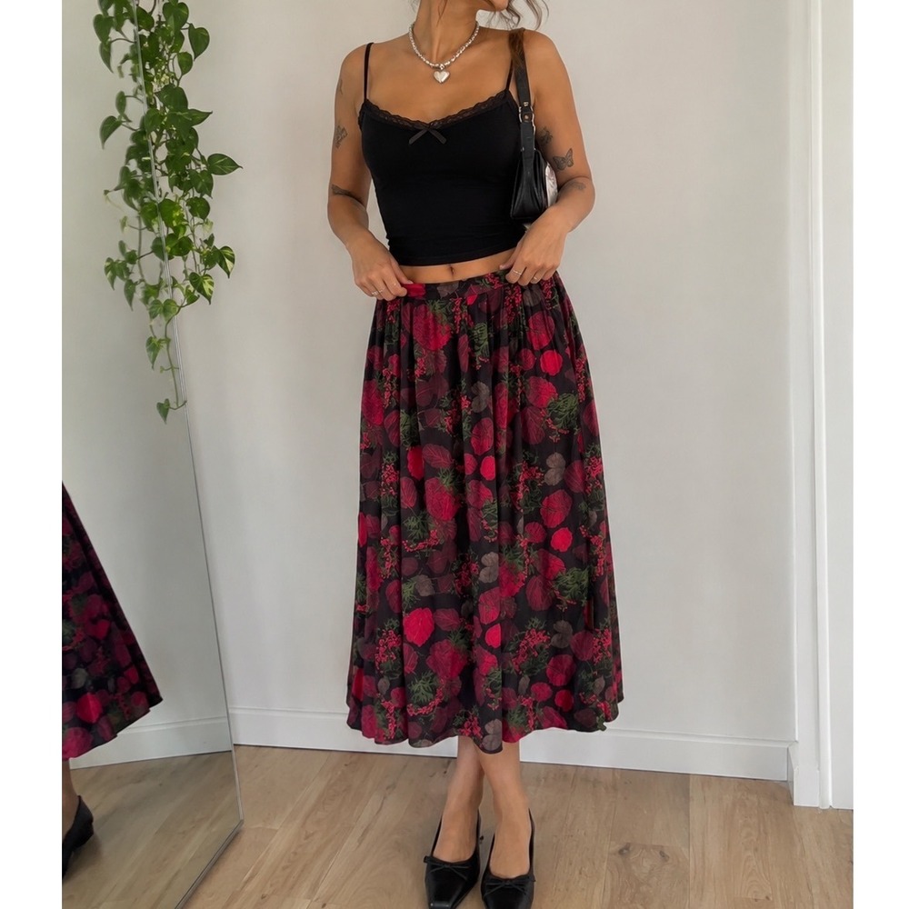 Vintage Orvis Womens Maxi Skirt Black Red Floral Wool Blend Sz S Pockets Boho